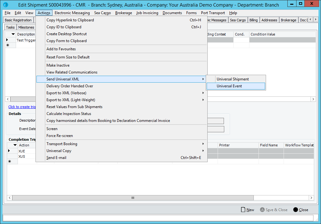 Actions > Send Universal XML